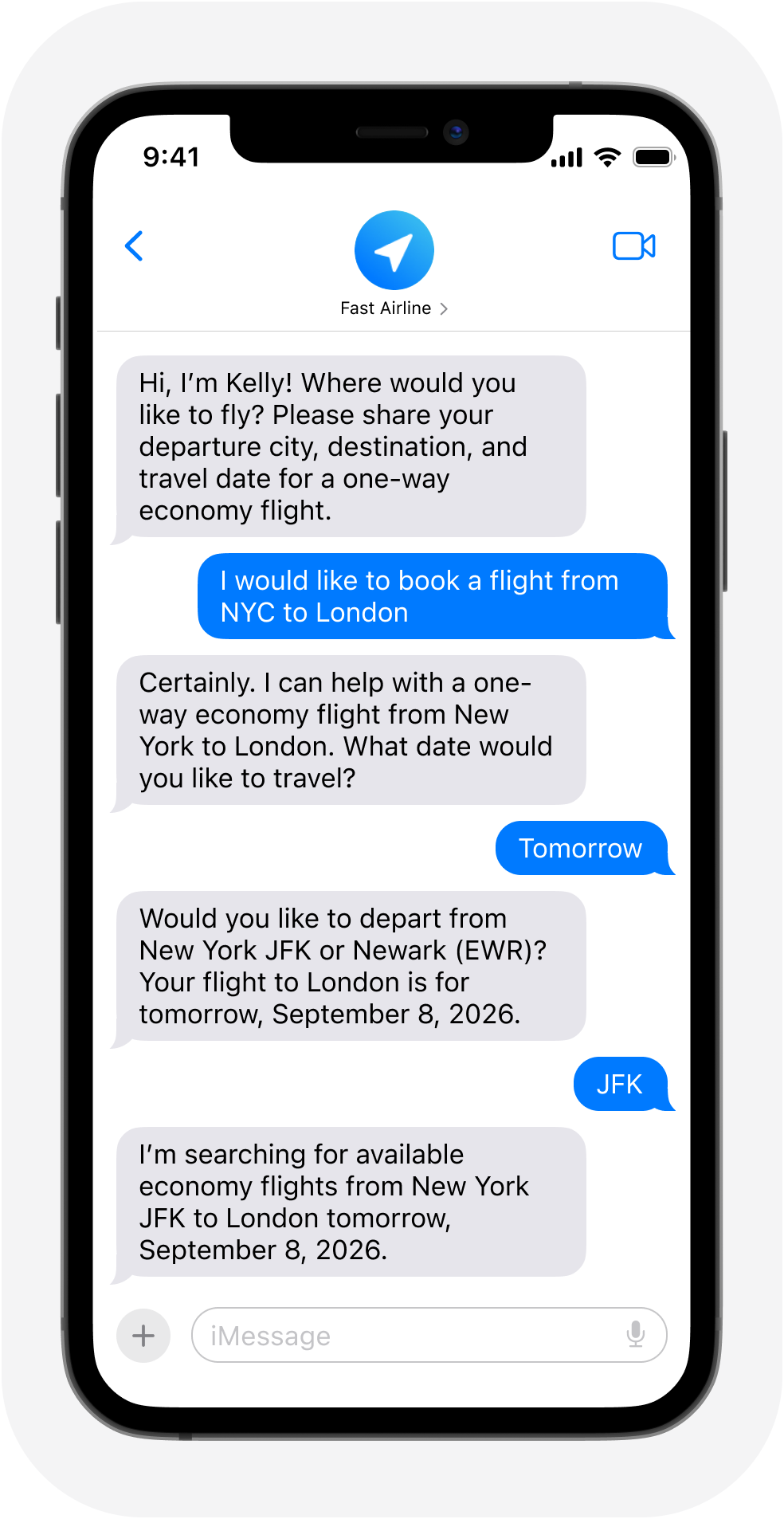 Flight Booking demo conversation in iMessage