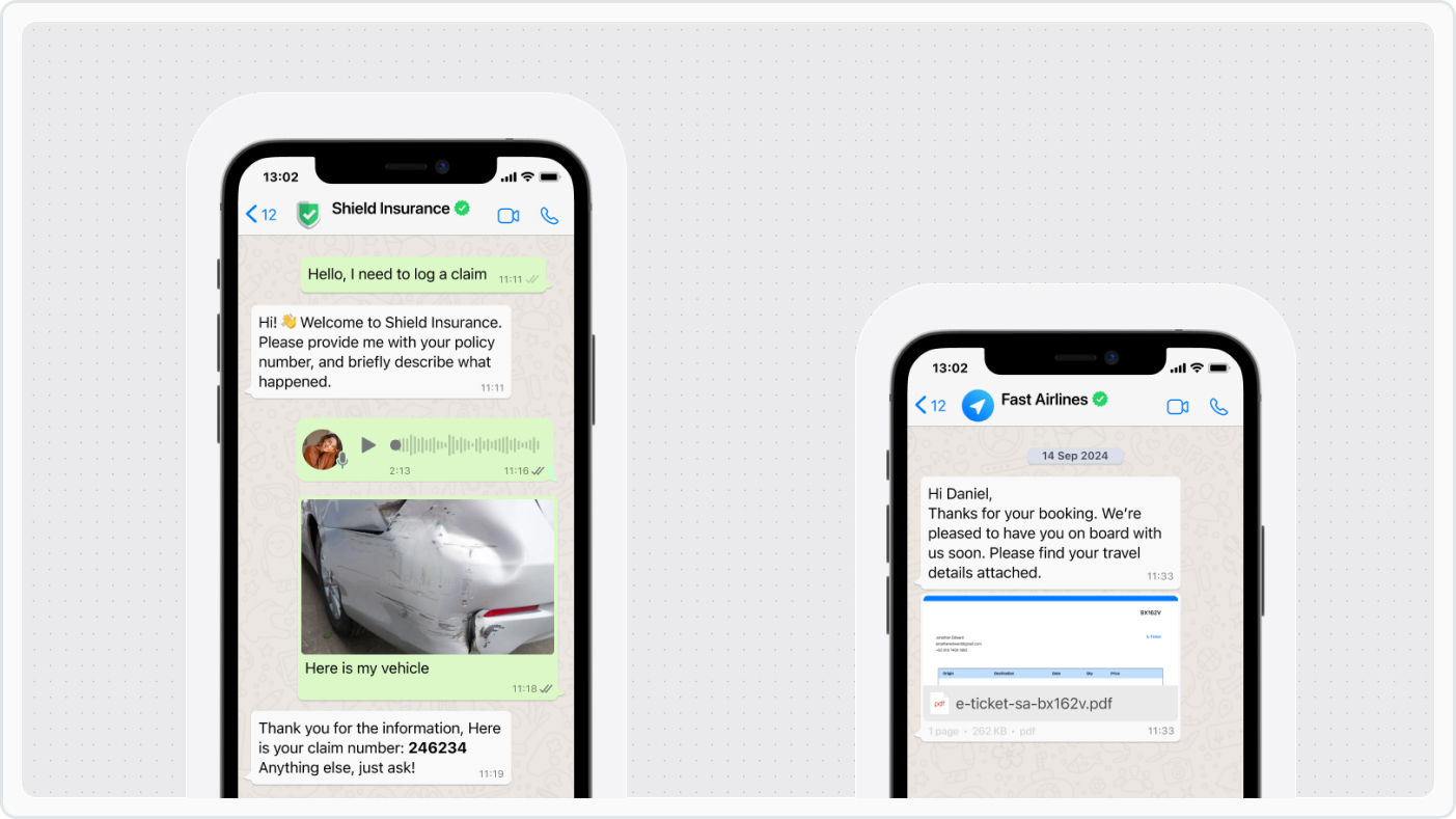 WhatsApp business conversation showing rich messaging capabilities